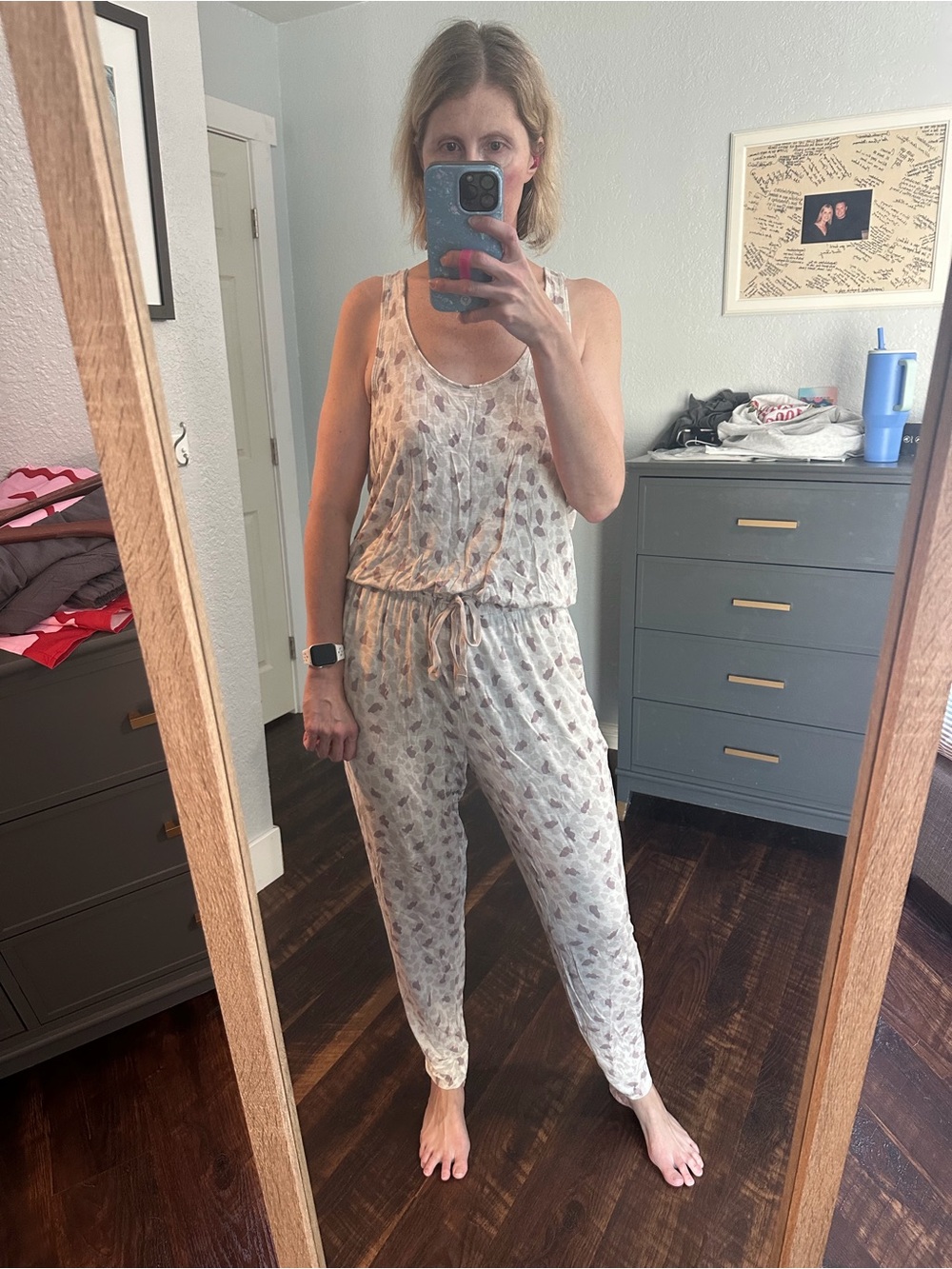 aerie Cream Printed Sleeveless Drawstring Jumpsuit